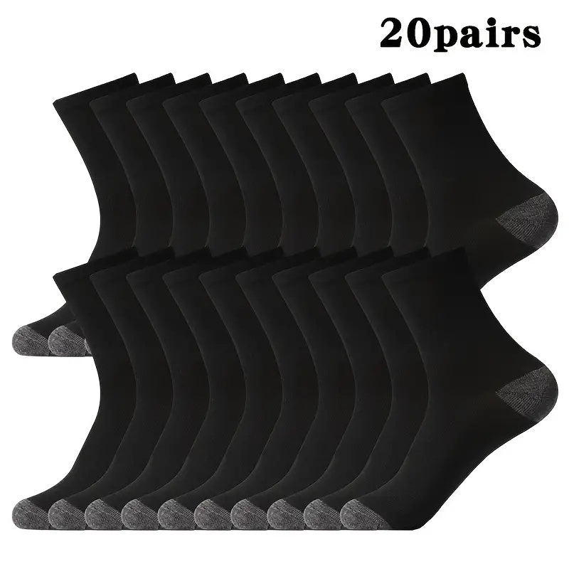 Men's Mid-Calf Sports Socks 20 Pairs Breathable Sweat-Absorbing Anti-Odor Trendy