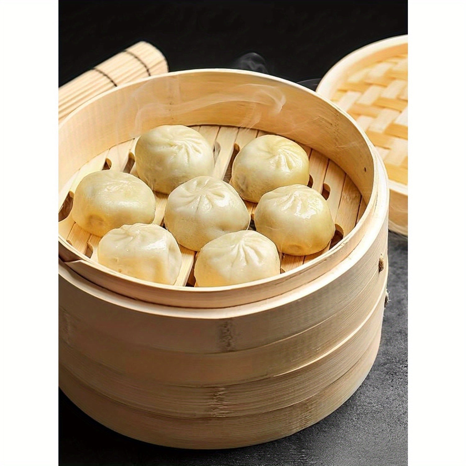 Cesta de vapor para dumplings de bambú de 25.4cm con 2 cestas y tapa para verduras, pescado, arroz