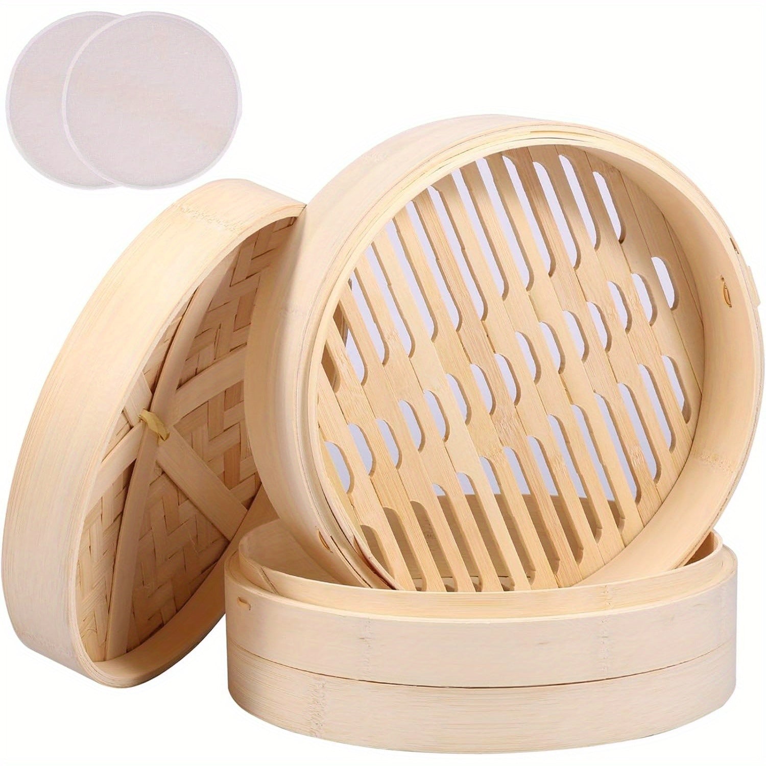 Cesta de vapor para dumplings de bambú de 25.4cm con 2 cestas y tapa para verduras, pescado, arroz