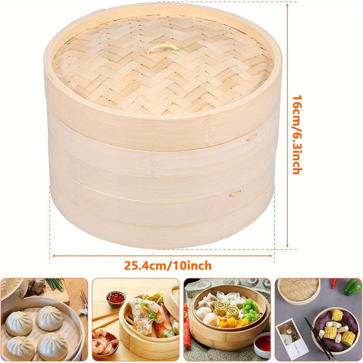 Cesta de vapor para dumplings de bambú de 25.4cm con 2 cestas y tapa para verduras, pescado, arroz
