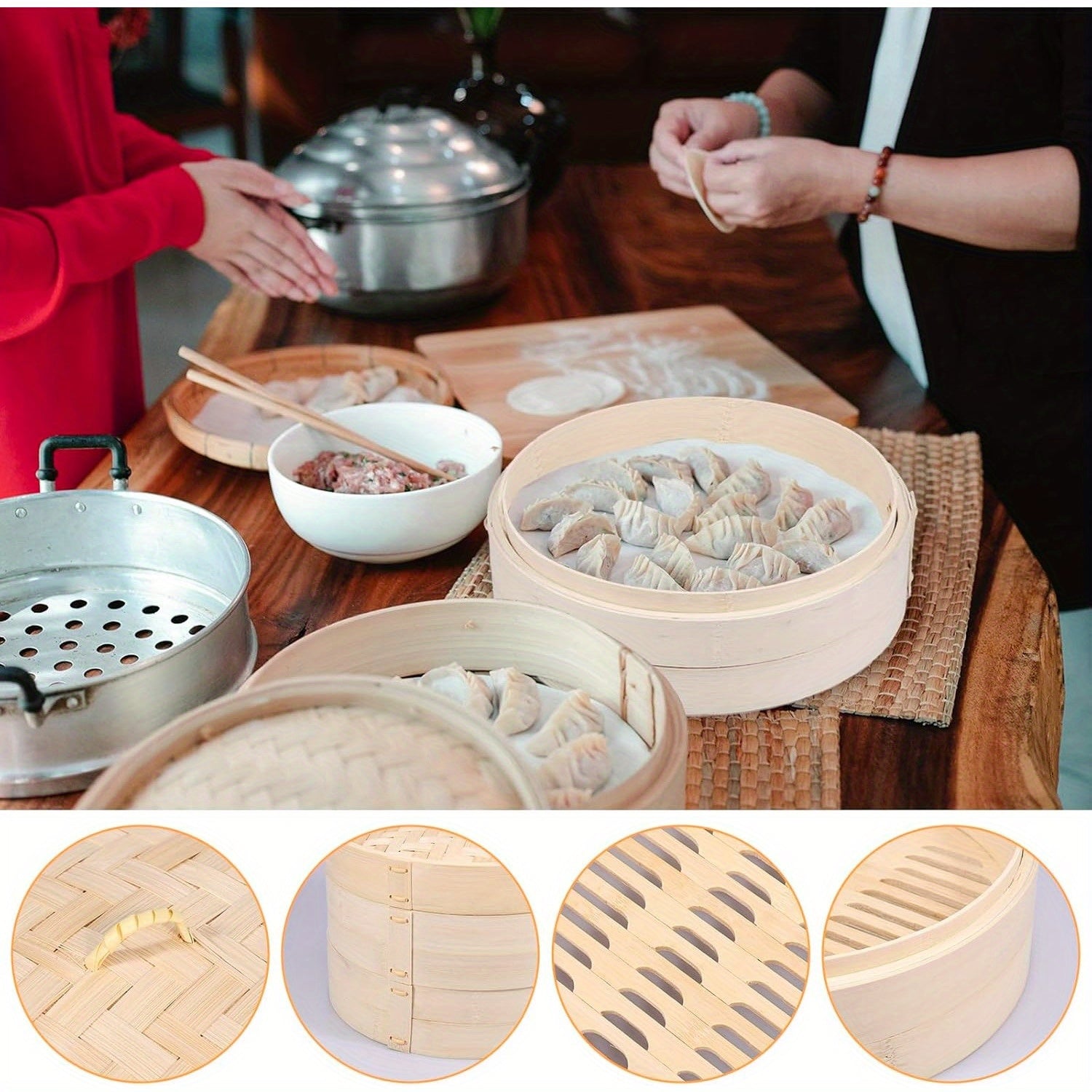 Cesta de vapor para dumplings de bambú de 25.4cm con 2 cestas y tapa para verduras, pescado, arroz