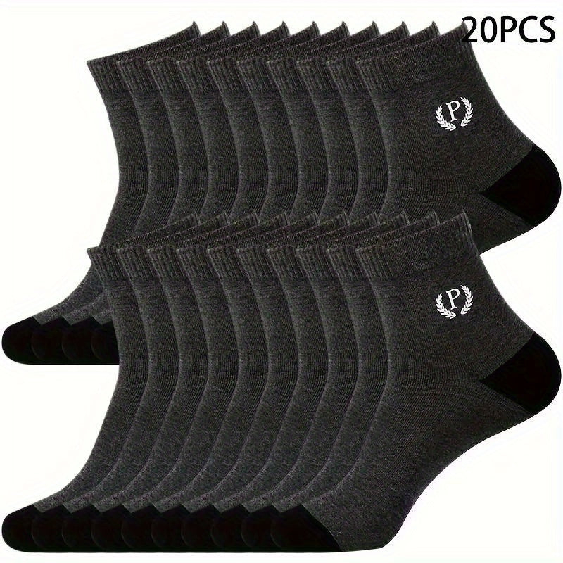20 Pairs Men's Crew Socks Solid Color Polyester for Casual Wear and Sports