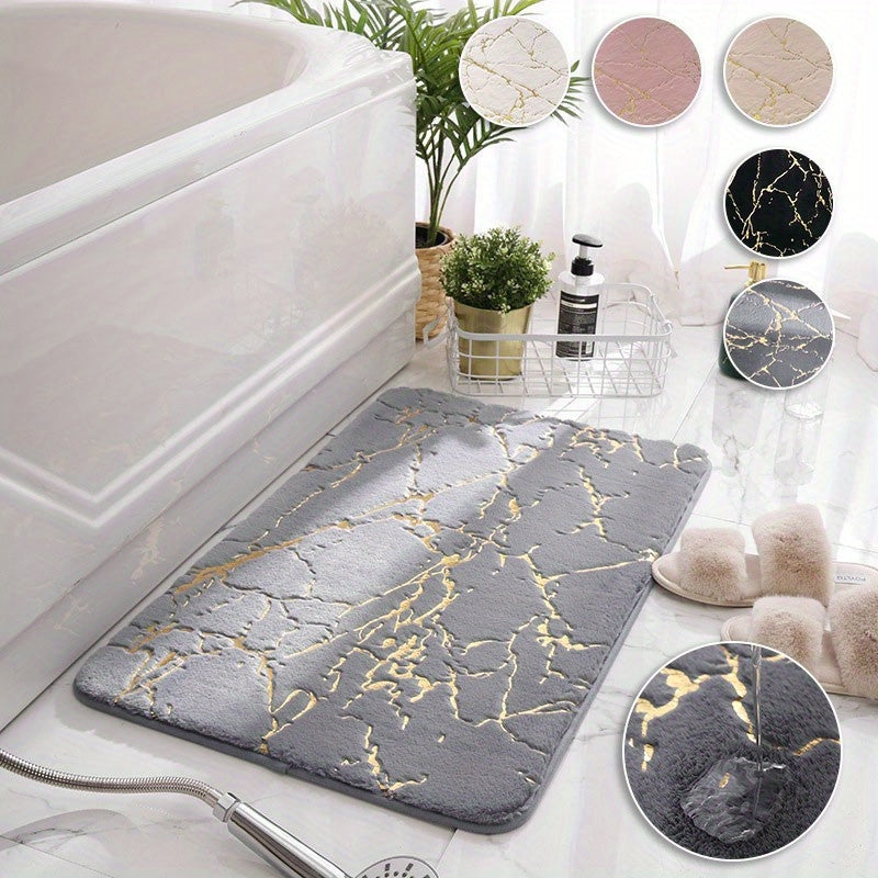 Thick Soft Faux Rabbit Fur Bath Mat with Golden Accents, Machine Washable, Cozy Winter Comfort
