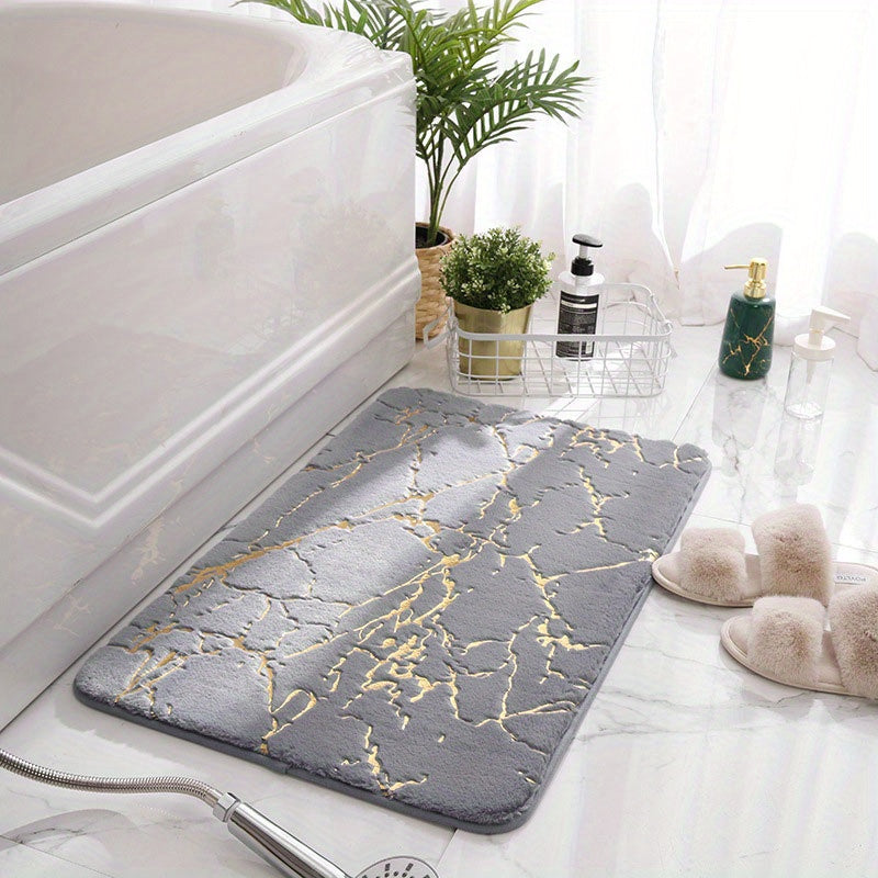 Thick Soft Faux Rabbit Fur Bath Mat with Golden Accents, Machine Washable, Cozy Winter Comfort