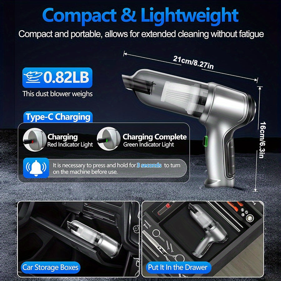 Qo‘l bilan ishlatiladigan changyutgich 15000Pa kuchli tortishish USB bilan qayta zaryadlanadigan portativ uy va avtomobil uchun