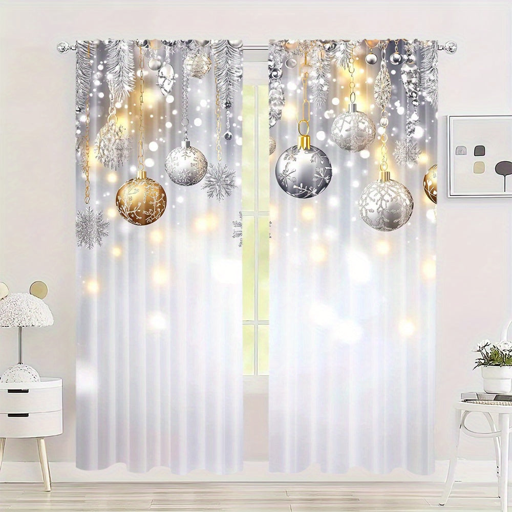 Set of 2 Christmas Glitter Snowflake and Ball Festive Soft Curtains for Living Room and Office Decor