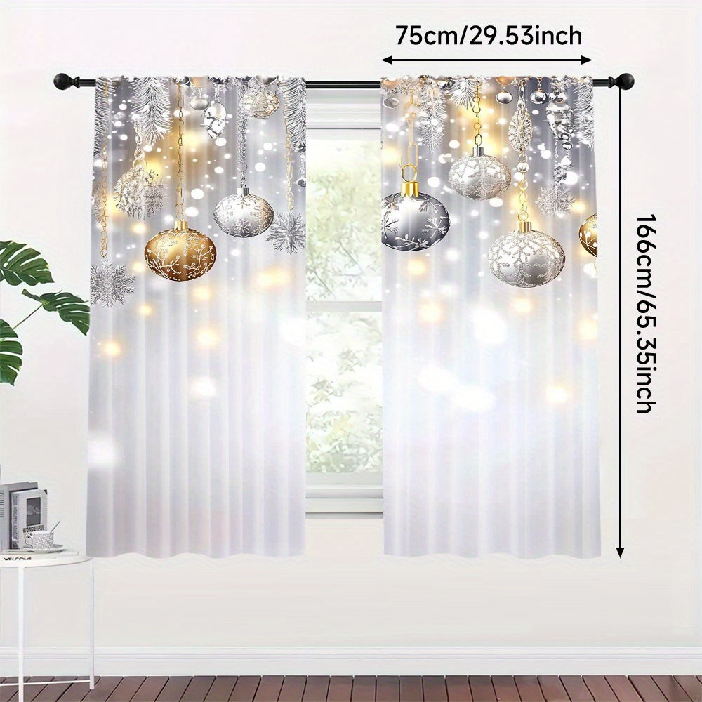 Set of 2 Christmas Glitter Snowflake and Ball Festive Soft Curtains for Living Room and Office Decor