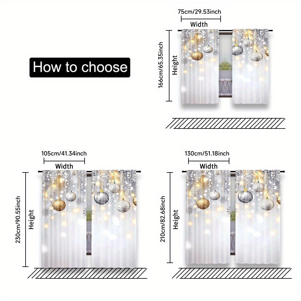 Set of 2 Christmas Glitter Snowflake and Ball Festive Soft Curtains for Living Room and Office Decor