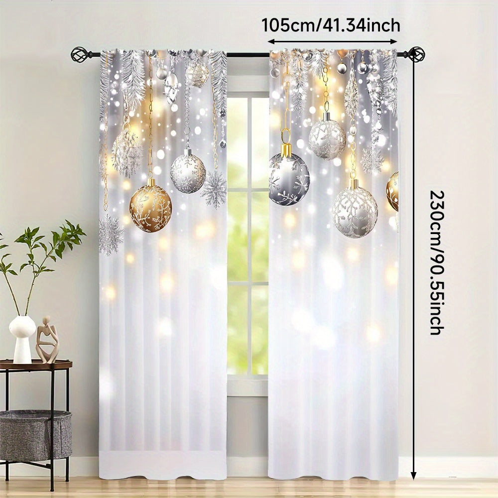 Set of 2 Christmas Glitter Snowflake and Ball Festive Soft Curtains for Living Room and Office Decor