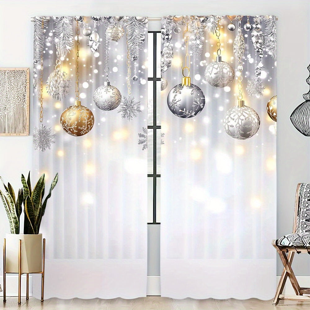 Set of 2 Christmas Glitter Snowflake and Ball Festive Soft Curtains for Living Room and Office Decor