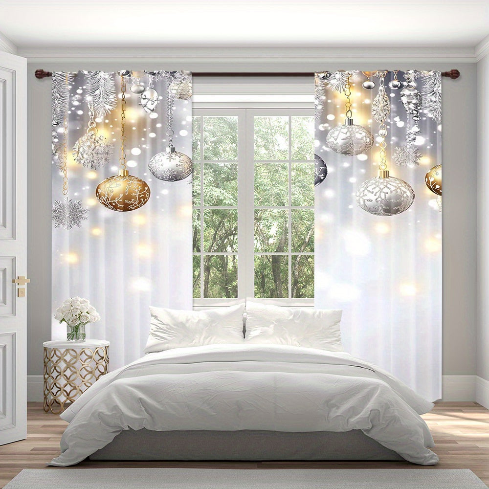 Set of 2 Christmas Glitter Snowflake and Ball Festive Soft Curtains for Living Room and Office Decor
