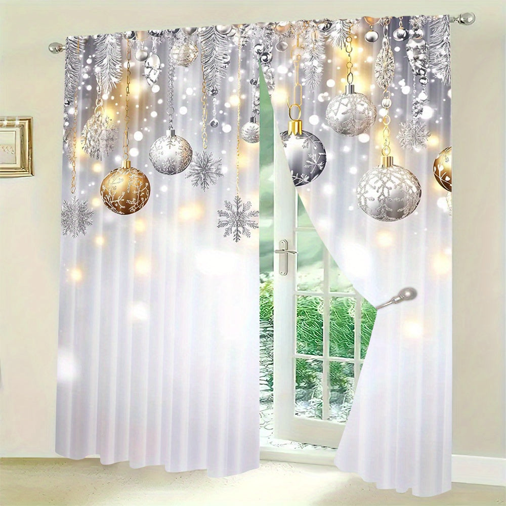 Set of 2 Christmas Glitter Snowflake and Ball Festive Soft Curtains for Living Room and Office Decor