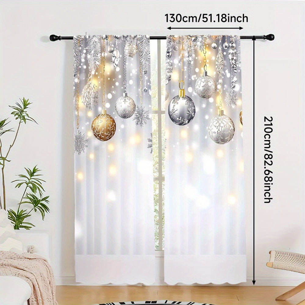 Set of 2 Christmas Glitter Snowflake and Ball Festive Soft Curtains for Living Room and Office Decor
