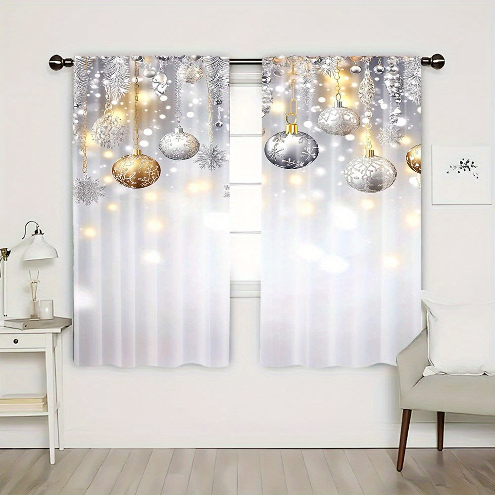 Set of 2 Christmas Glitter Snowflake and Ball Festive Soft Curtains for Living Room and Office Decor