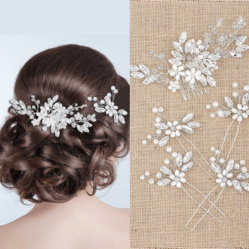 Set of 5 Bohemian Wedding Hair Accessories for Bride Romantic U-Shaped Flower Bead Hair Clips