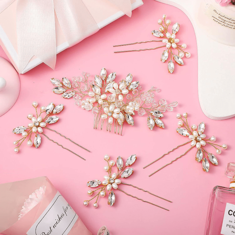 Set of 5 Bohemian Wedding Hair Accessories for Bride Romantic U-Shaped Flower Bead Hair Clips