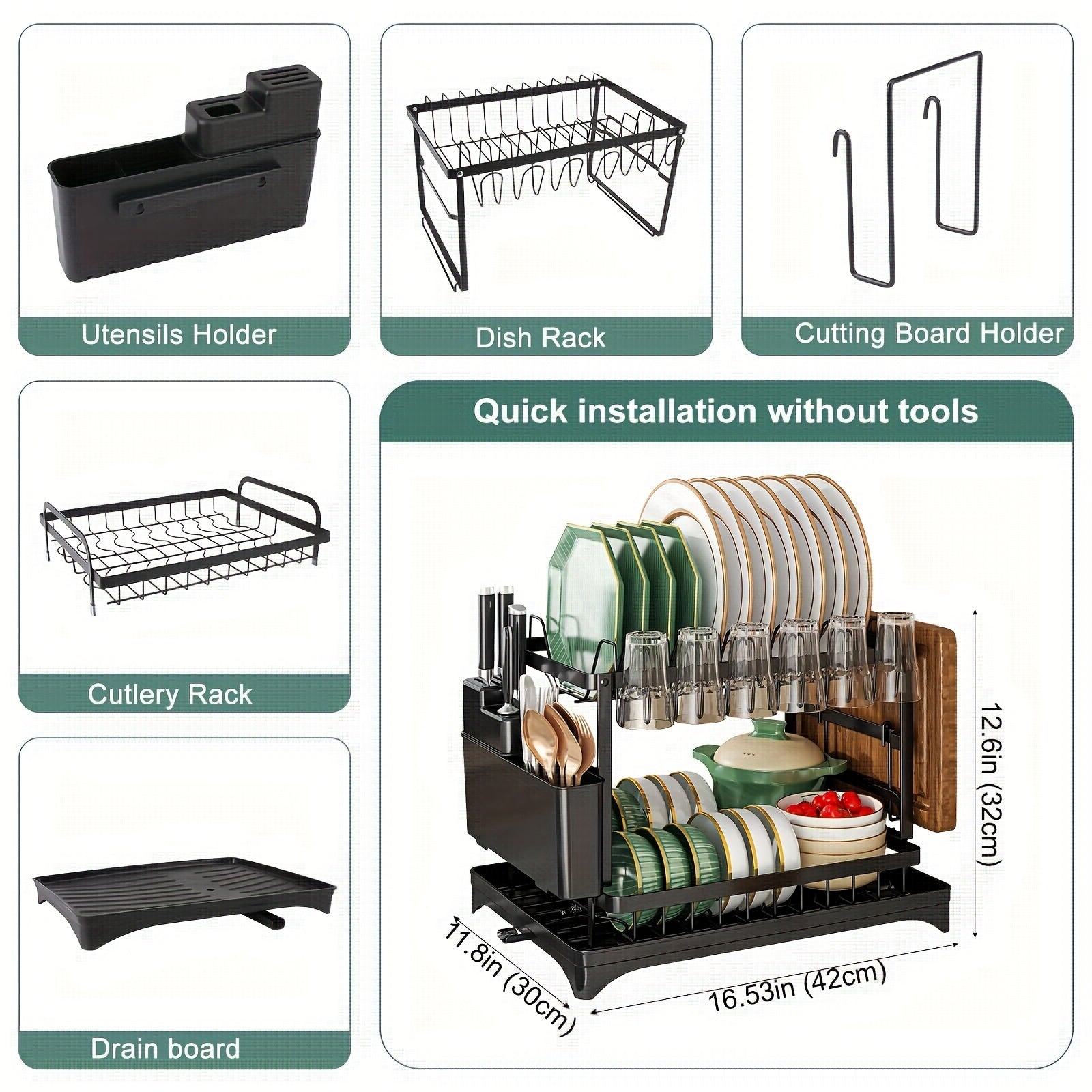 Multifunctional Carbon Steel Kitchen Organizer for Bowls Plates and Utensils with Drainage Board