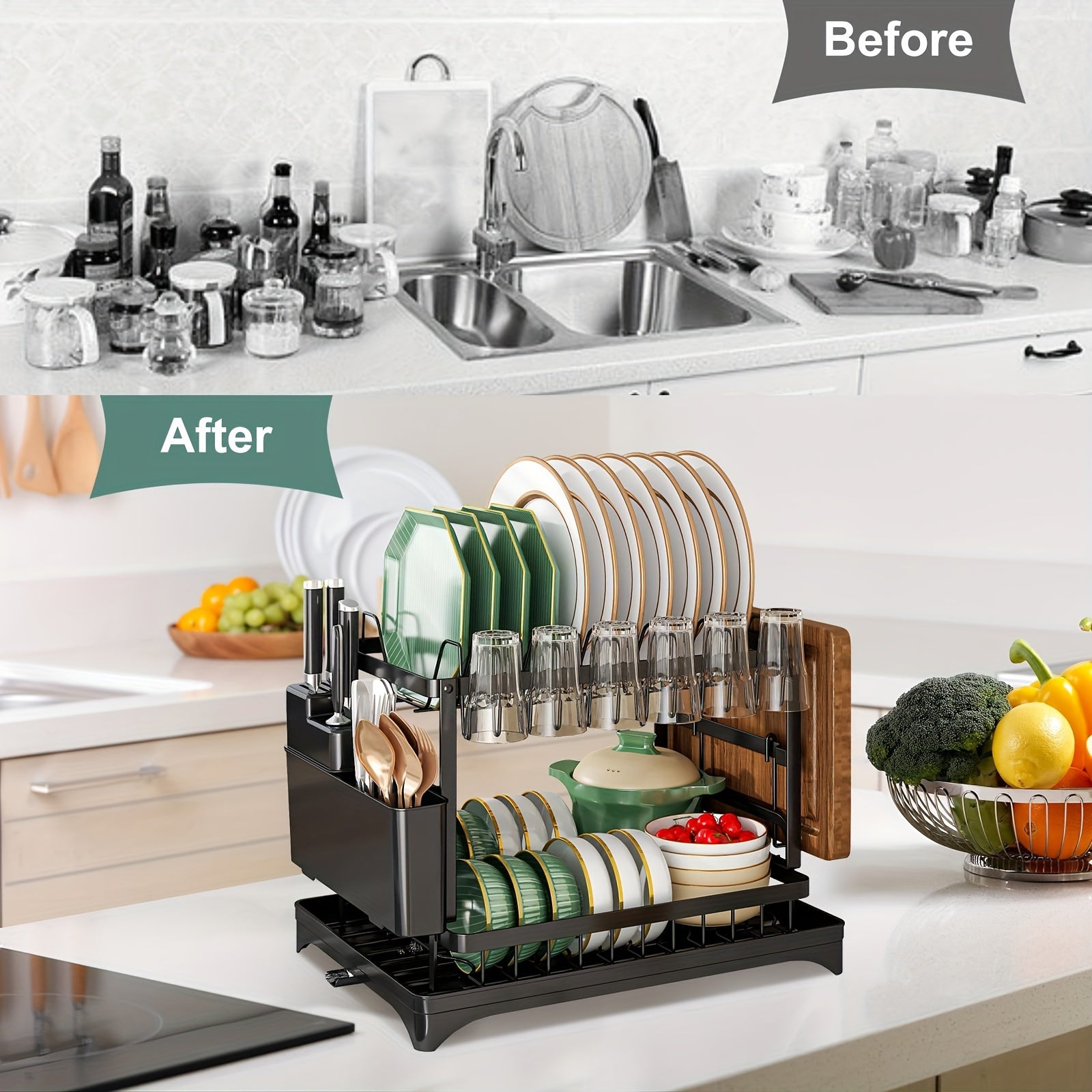 Multifunctional Carbon Steel Kitchen Organizer for Bowls Plates and Utensils with Drainage Board