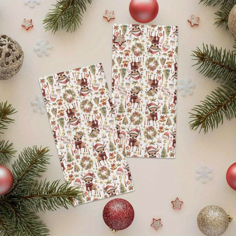 Set of 2 Christmas Deer Wreath Kitchen Towels 45x66cm Soft Quick-Drying