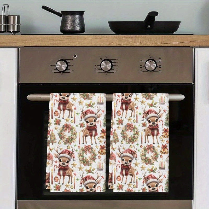 Set of 2 Christmas Deer Wreath Kitchen Towels 45x66cm Soft Quick-Drying