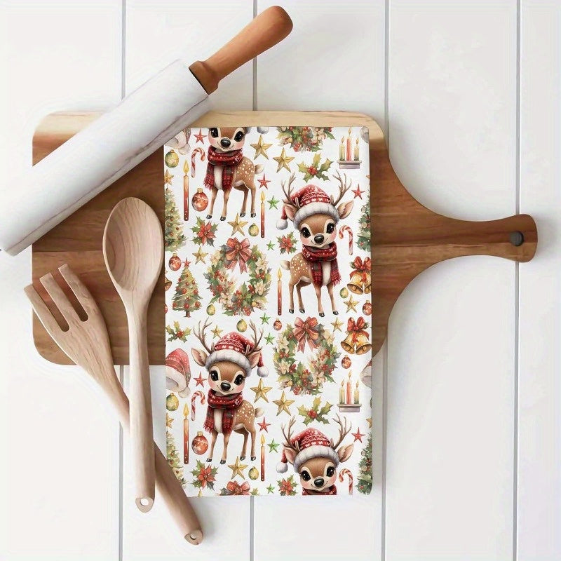 Set of 2 Christmas Deer Wreath Kitchen Towels 45x66cm Soft Quick-Drying