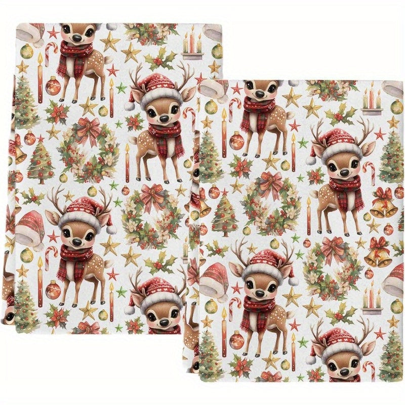 Set of 2 Christmas Deer Wreath Kitchen Towels 45x66cm Soft Quick-Drying