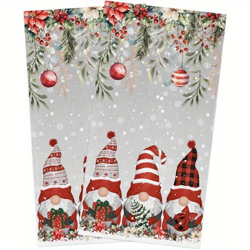 Christmas Kitchen Towel Set 2 Pieces Gray Dwarfs Trees Poinsettia 45x66cm