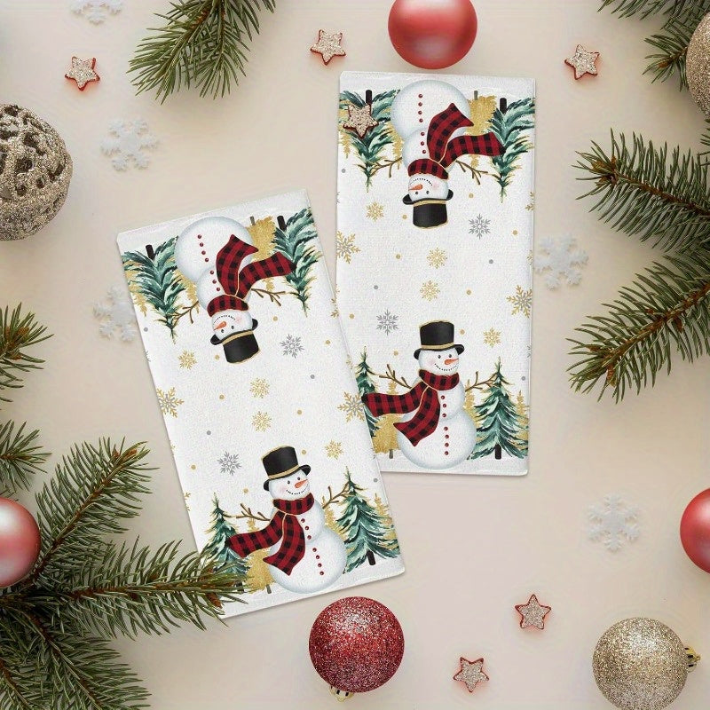 Set of 2 Christmas Kitchen Towels Snowman Tree Gold Snowflakes Absorbent Soft