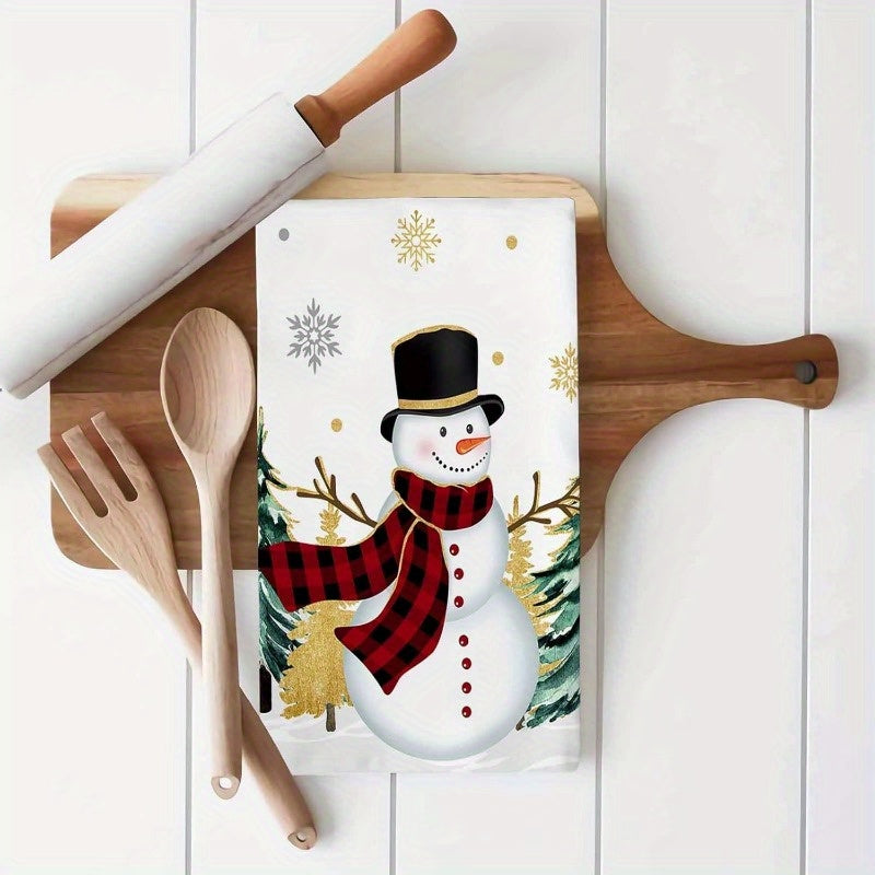 Set of 2 Christmas Kitchen Towels Snowman Tree Gold Snowflakes Absorbent Soft
