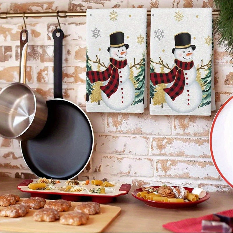 Set of 2 Christmas Kitchen Towels Snowman Tree Gold Snowflakes Absorbent Soft