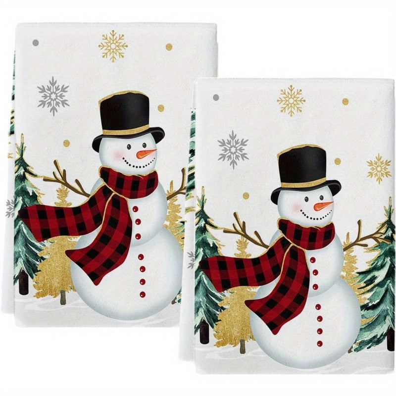 Set of 2 Christmas Kitchen Towels Snowman Tree Gold Snowflakes Absorbent Soft