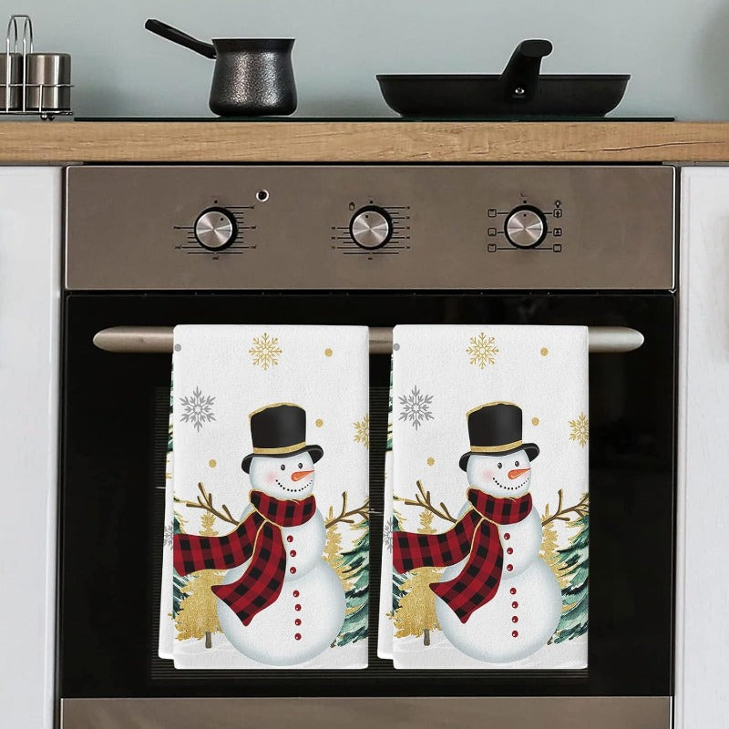 Set of 2 Christmas Kitchen Towels Snowman Tree Gold Snowflakes Absorbent Soft