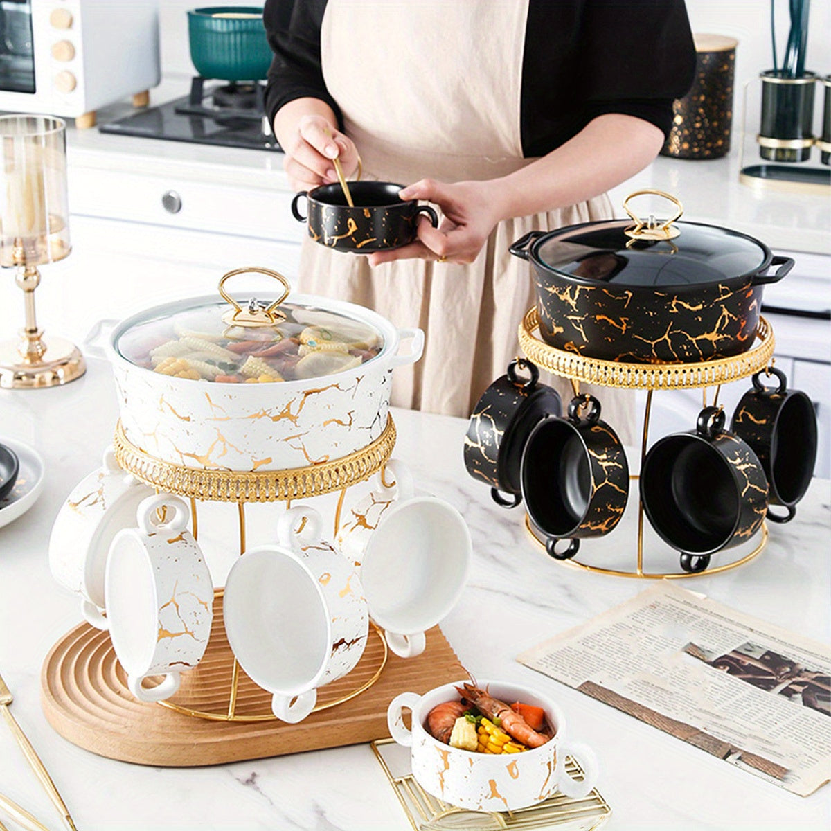 Этот керамический набор столовой посуды включает 7 предметов, таких как тарелки, противень и термостойкие кастрюли для хлеба, индейки, сыра и пиццы. Он идеально подходит для мероприятий на свежем воздухе, свадеб, вечеринок, подарков и праздничных встреч.