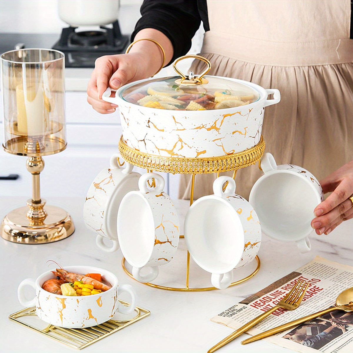 Этот керамический набор столовой посуды включает 7 предметов, таких как тарелки, противень и термостойкие кастрюли для хлеба, индейки, сыра и пиццы. Он идеально подходит для мероприятий на свежем воздухе, свадеб, вечеринок, подарков и праздничных встреч.