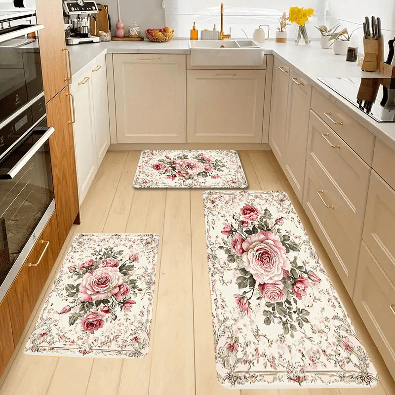 Polyester Floral Kitchen Mats Set Non-Slip Oil-Resistant Floor Rugs 1.2cm Thick