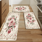 Polyester Floral Kitchen Mats Set Non-Slip Oil-Resistant Floor Rugs 1.2cm Thick