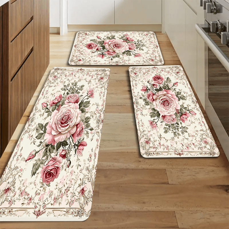 Polyester Floral Kitchen Mats Set Non-Slip Oil-Resistant Floor Rugs 1.2cm Thick