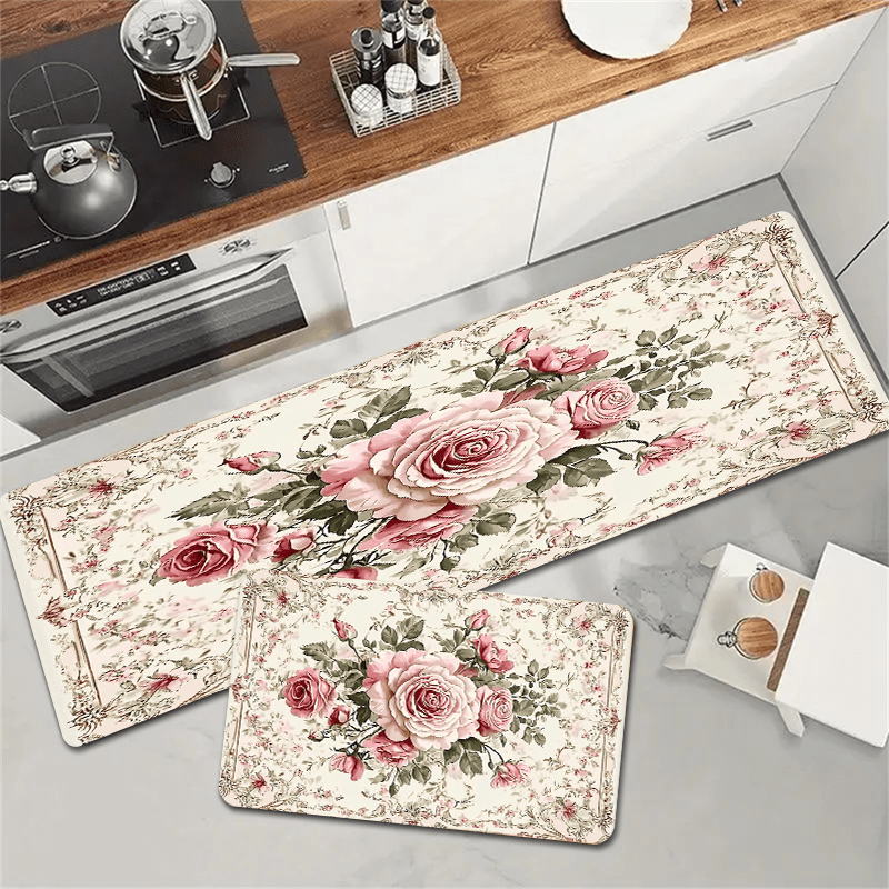 Polyester Floral Kitchen Mats Set Non-Slip Oil-Resistant Floor Rugs 1.2cm Thick