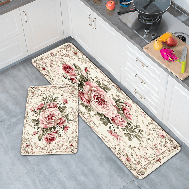Polyester Floral Kitchen Mats Set Non-Slip Oil-Resistant Floor Rugs 1.2cm Thick