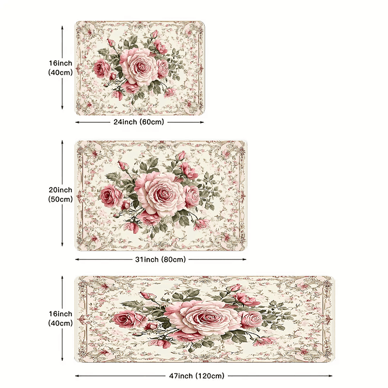 Polyester Floral Kitchen Mats Set Non-Slip Oil-Resistant Floor Rugs 1.2cm Thick