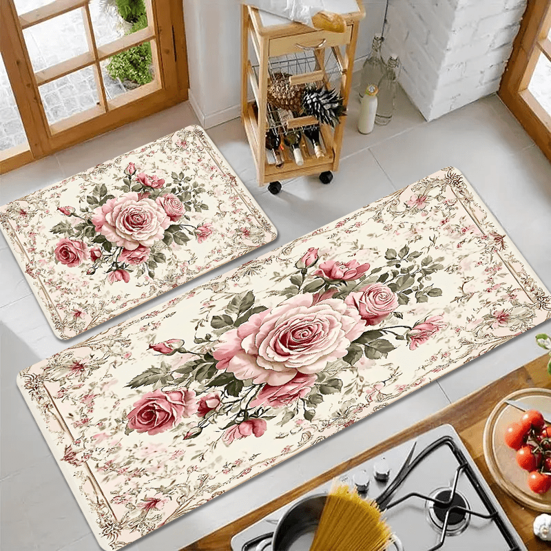 Polyester Floral Kitchen Mats Set Non-Slip Oil-Resistant Floor Rugs 1.2cm Thick