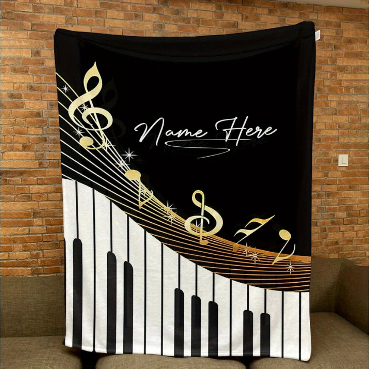 Personalized Piano Music Throw Blanket Flannel Fleece with Custom Name and Musical Notes