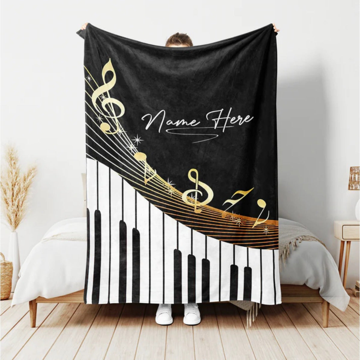 Personalized Piano Music Throw Blanket Flannel Fleece with Custom Name and Musical Notes