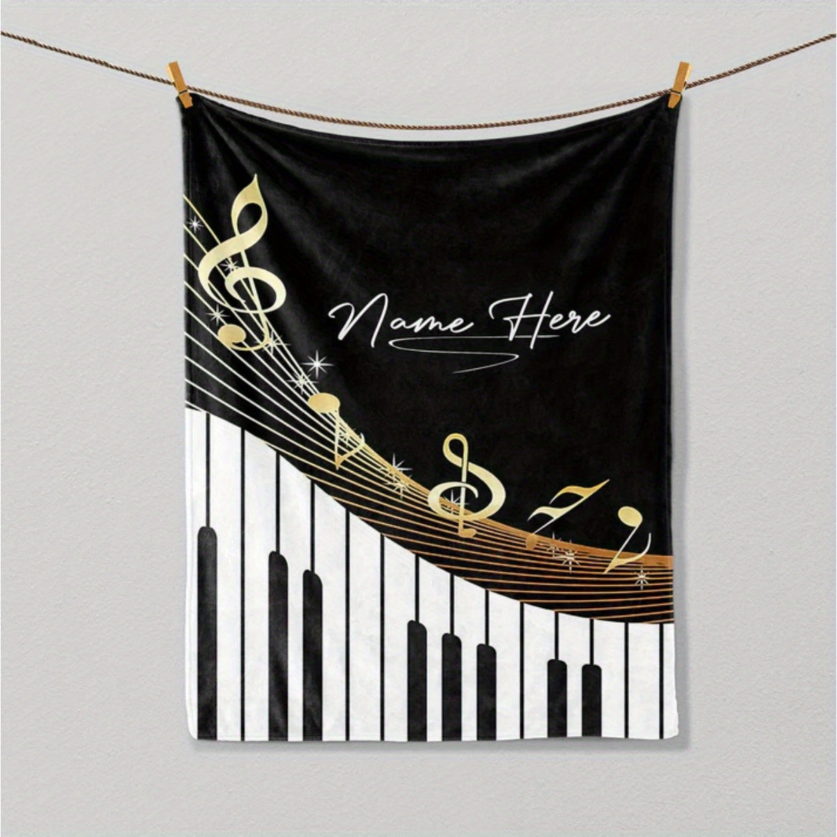 Personalized Piano Music Throw Blanket Flannel Fleece with Custom Name and Musical Notes