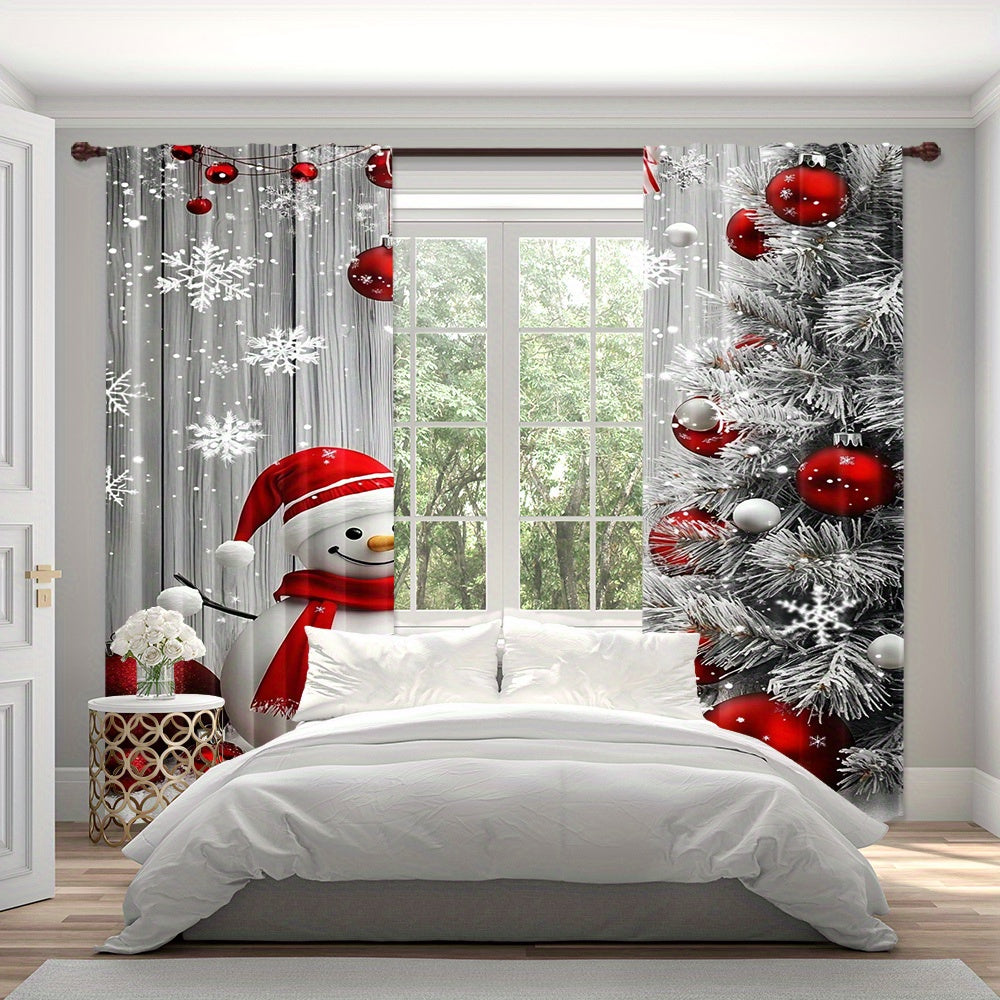 2-Pack Polyester Christmas Curtains Snowman and Ornaments Holiday Window Treatments for Living Room Kitchen Dining