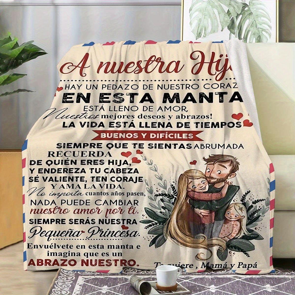 Fleece Blanket for Daughters with Spanish Dad's Letter Digital Print Thick Warm Machine Washable