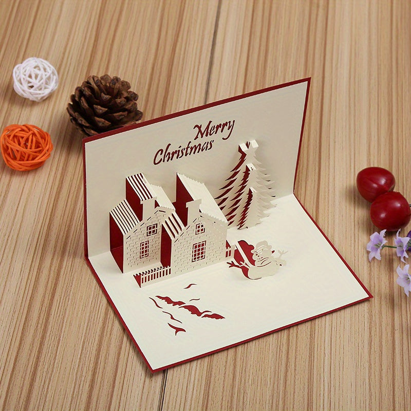 3D Pop-Up Christmas Card with Festive Castle and Tree Design Hollow Plastic Holiday Greeting Card