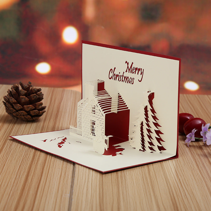 3D Pop-Up Christmas Card with Festive Castle and Tree Design Hollow Plastic Holiday Greeting Card
