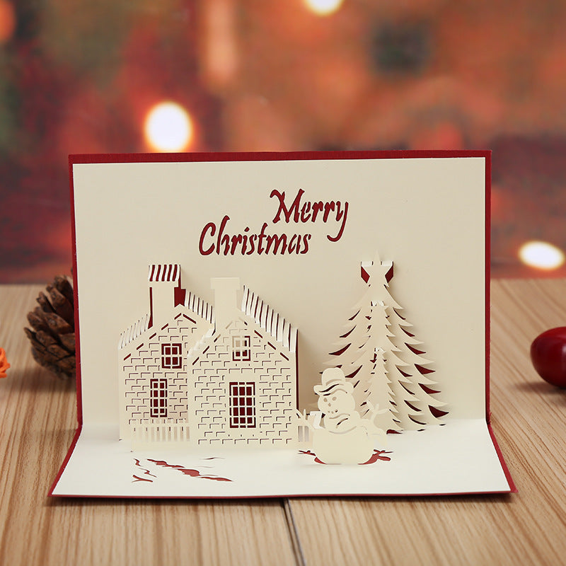 3D Pop-Up Christmas Card with Festive Castle and Tree Design Hollow Plastic Holiday Greeting Card