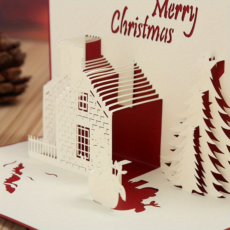 3D Pop-Up Christmas Card with Festive Castle and Tree Design Hollow Plastic Holiday Greeting Card